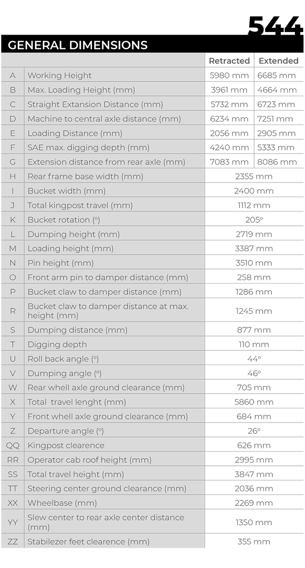 mst m544 backhoe loader dimentions